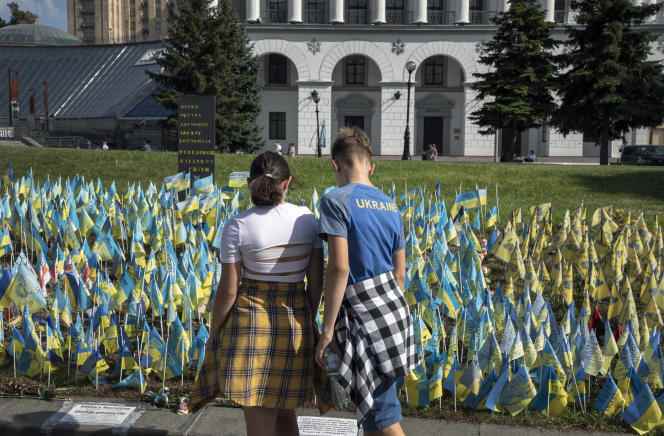 Hundreds of Ukrainian flags, each representing a person killed by the Russian offensive, are planted on a lawn in Maidan, the Independence Square, in kyiv on August 23, 2022.