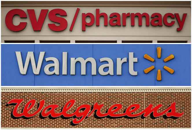 A photo montage of the three American retailers, Walmart, Walgreens and CVS, condemned in Ohio for having distributed opiates, responsible for the death of thousands of people. 