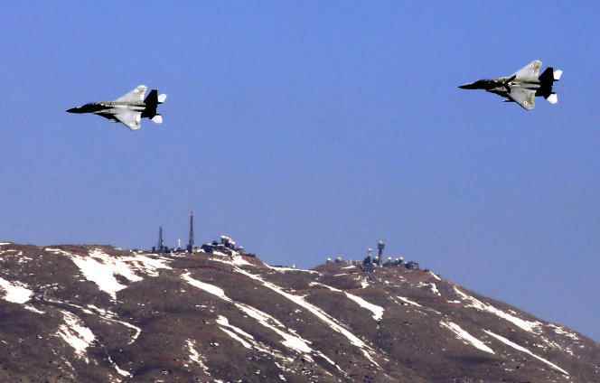 Israeli army F-15 fighter jets in the Golan Heights region on the Syrian border on April 15, 2021.
