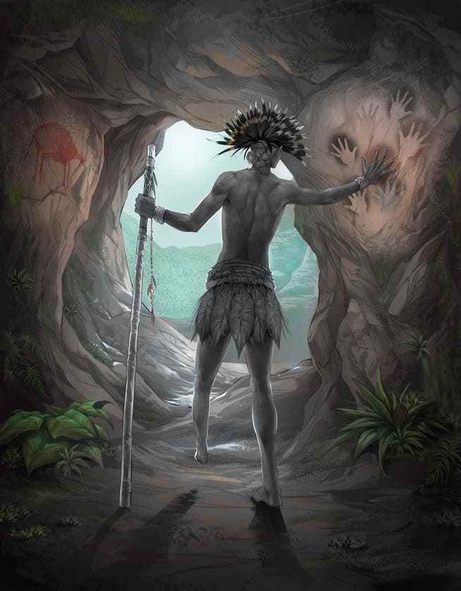 This is how an artist imagines the person with the amputated foot who lived on Borneo 31,000 years ago.  The caves in the area also have numerous wall paintings from the Paleolithic period. 