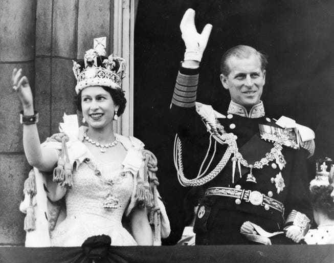 Elizabeth is not crowned until a year after being proclaimed Queen.  (Image: Elizabeth II and Philip on June 2, 1953.)