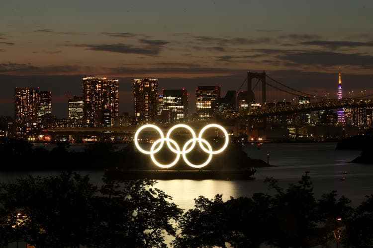 The Olympic rings will light up on a floating platform in Tokyo on June 21, 2021.
