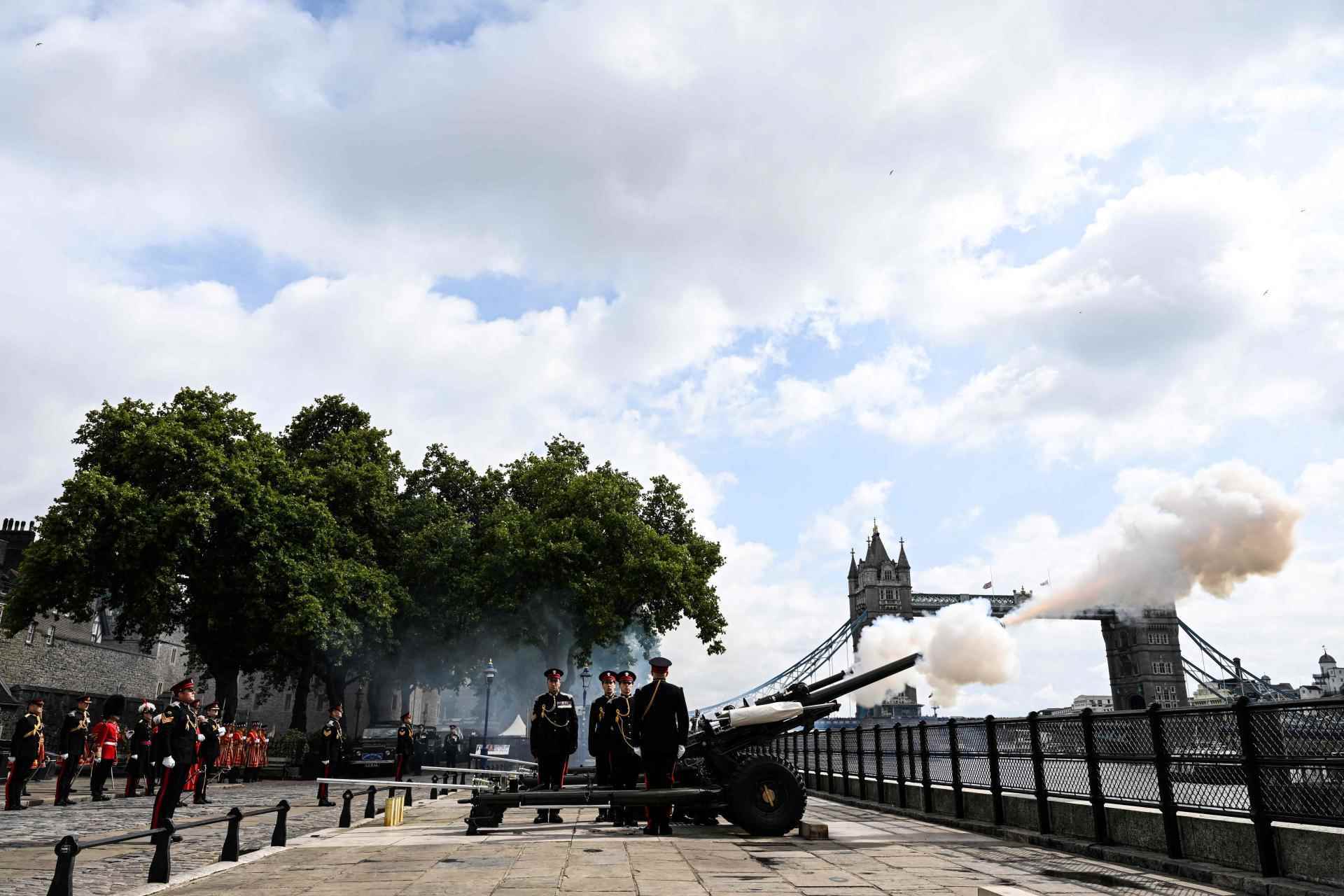Cannon shots in memory of Queen Elizabeth are fired from the Tower of London by the Honorable Artillery Company, in London on September 9, 2022.