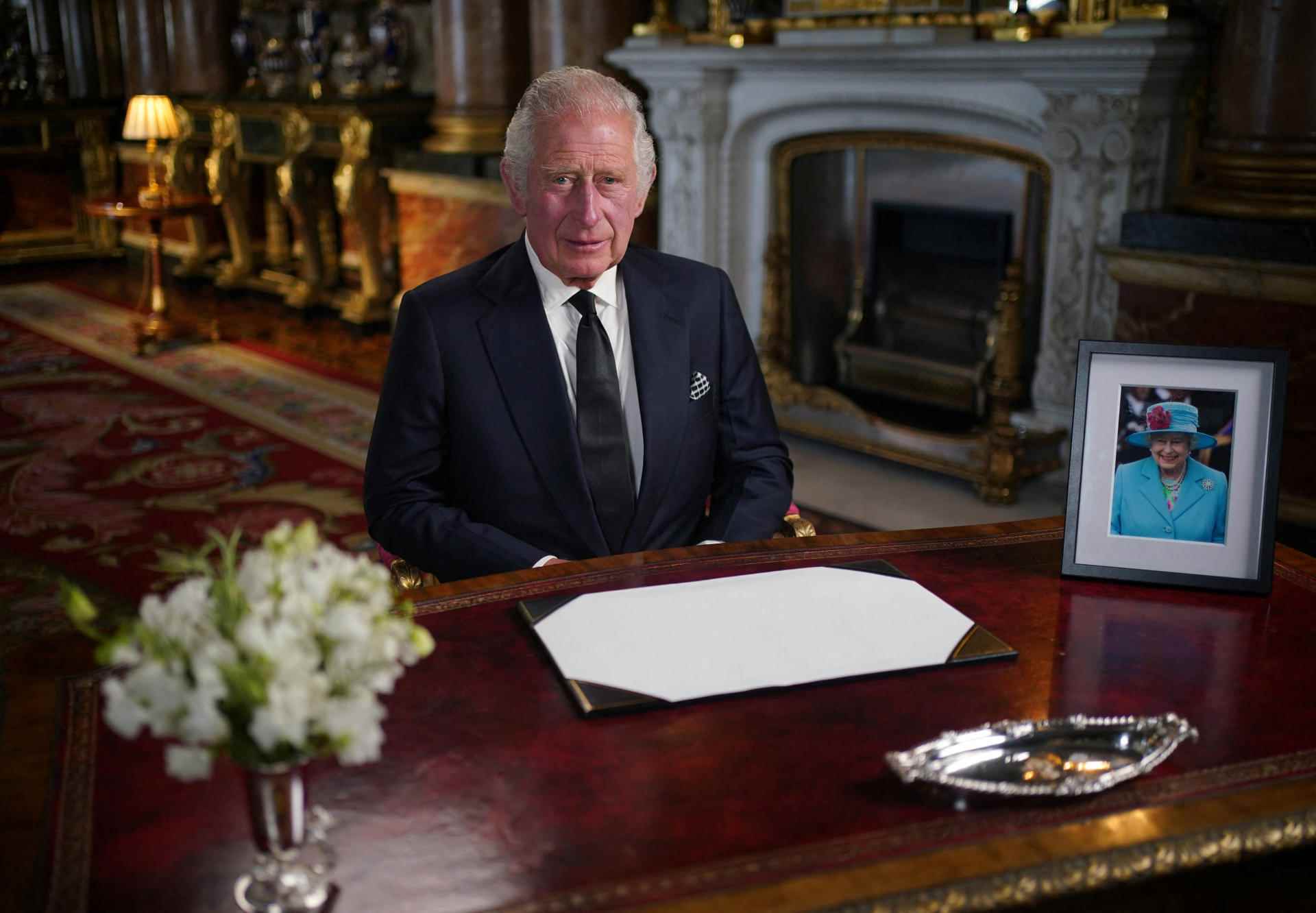 King Charles III delivers his address to the nation and the Commonwealth from Buckingham Palace in London on September 9, 2022.