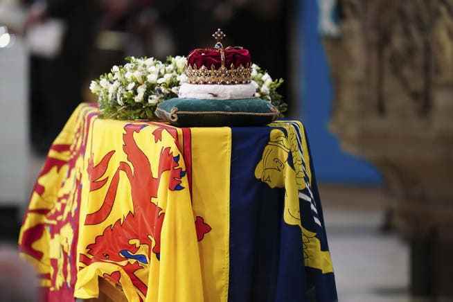 The Scottish crown rests on the Queen's coffin during the memorial service at St Giles Cathedral.