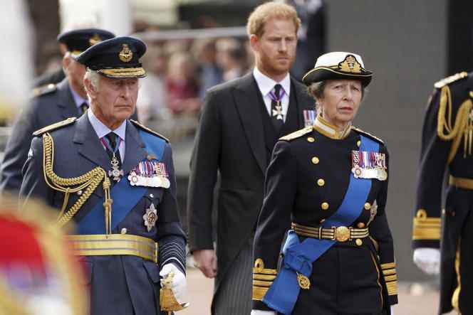 Left to right: King Charles III, Princess Anne and Prince Harry, Wednesday September 14, 2022, in London. 
