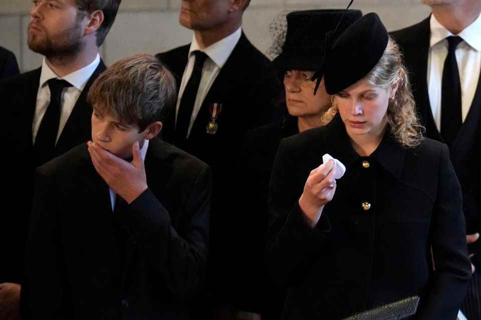 James Viscount Severn and Lady Louise say goodbye to their grandmother.