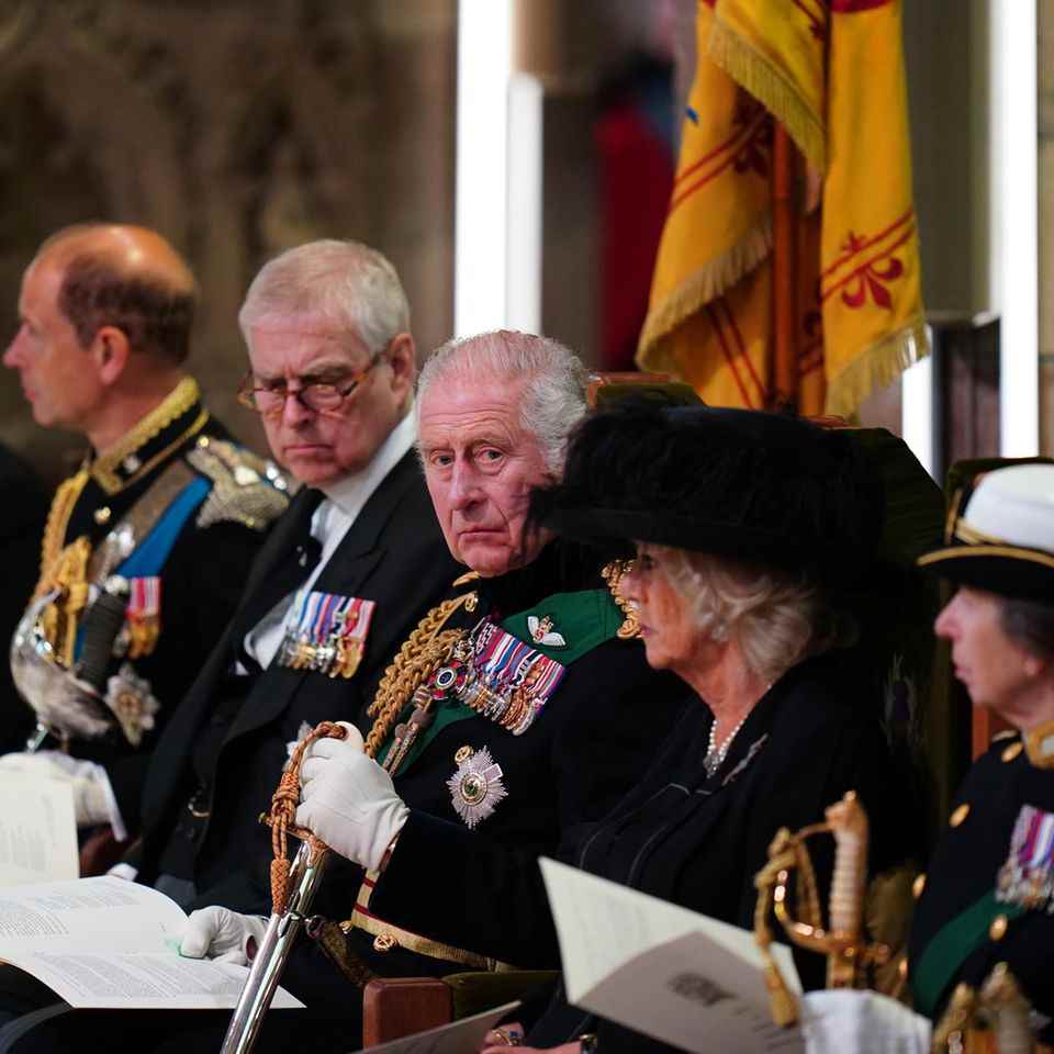 From left to right: Countess Sophie, Prince Edward, Prince Andrew, King Charles, Queen Camilla, Princess Anne