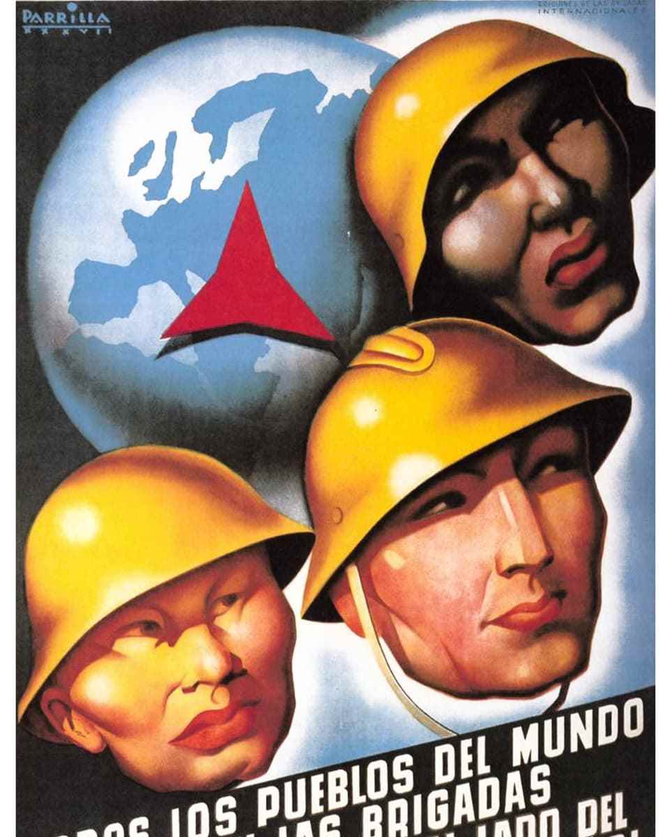 Colored poster with three heads with yellow helmets, one dark-skinned, one Asian, one white, with a globe