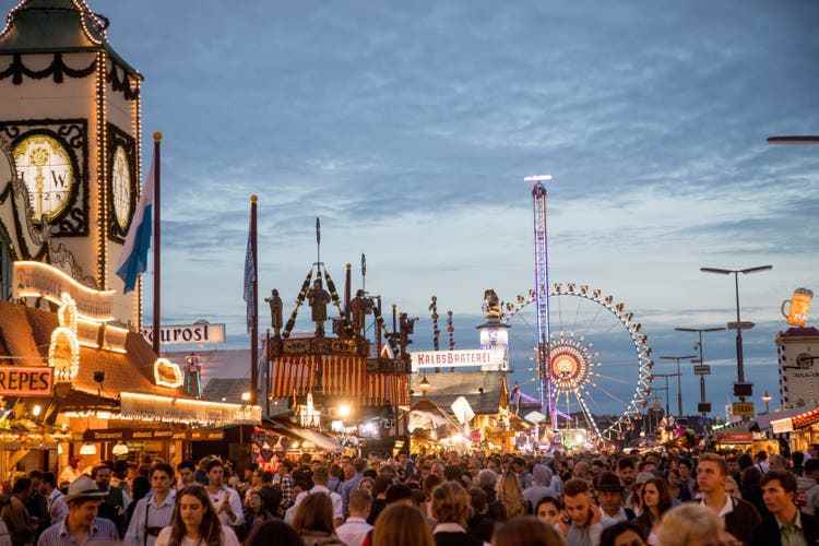 First evening at the Oktoberfest 2018 at the blue hour with a view of the Ferris wheel
