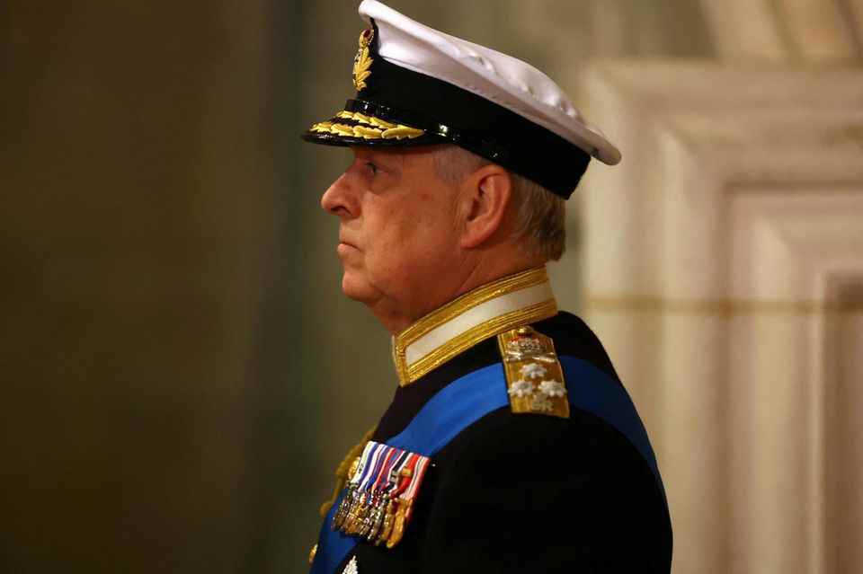 Prince Andrew at the wake on September 16, 2022. His initials were on his uniform "HE" not removed.