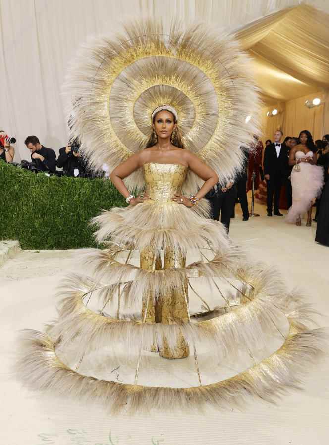 Iman wearing the dress created by Harris Reed and Dolce & Gabbana at the MET Gala in New York on September 13, 2021.