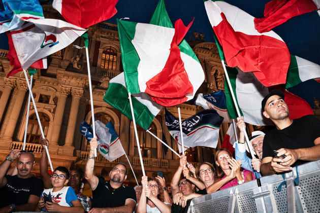 Supporters of far-right candidate Giorgia Meloni during a meeting in Turin (Italy), September 13, 2022.