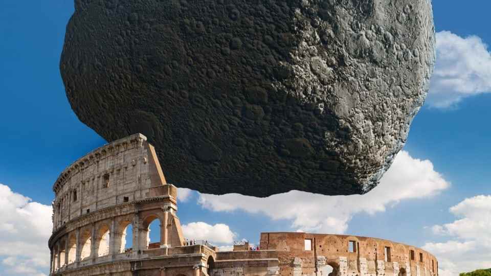 Collage: The asteroid Dimorphos over the Colosseum.
