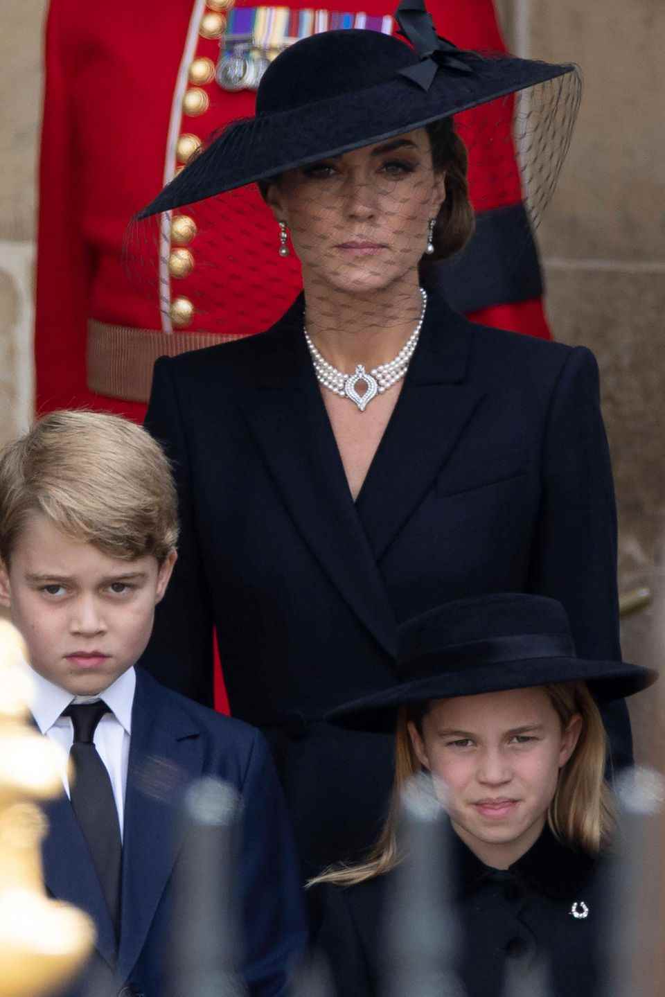Duchess Catherine with her eldest children at Queen Elizabeth's funeral.  