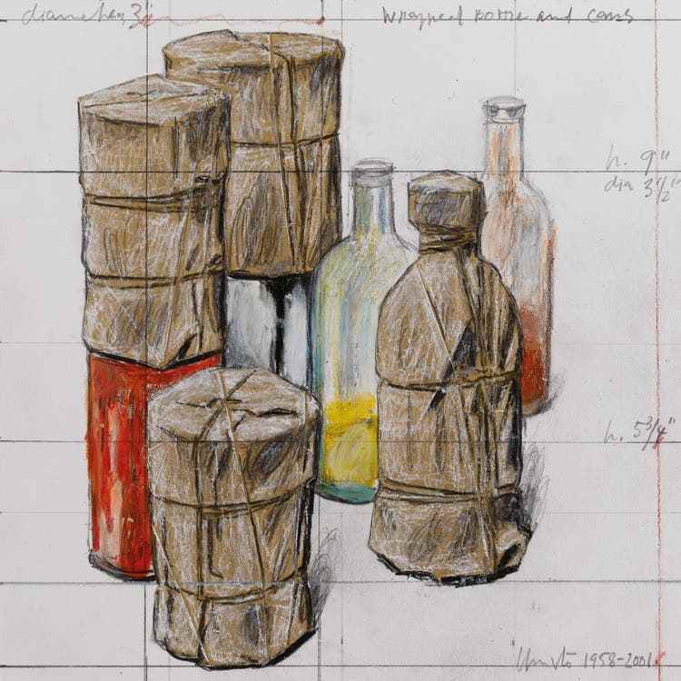 Christo: « Wrapped bottle and cans », 1958–2001, graphite, chalk and oil pastel on cardboard.