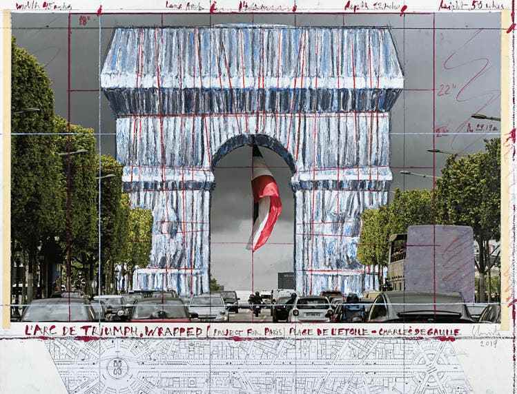 Christo: «Veiled Arch of Triumph (project for Paris) - Charles de Gaulle», 2019, pencil, wax crayon, enamel paint.