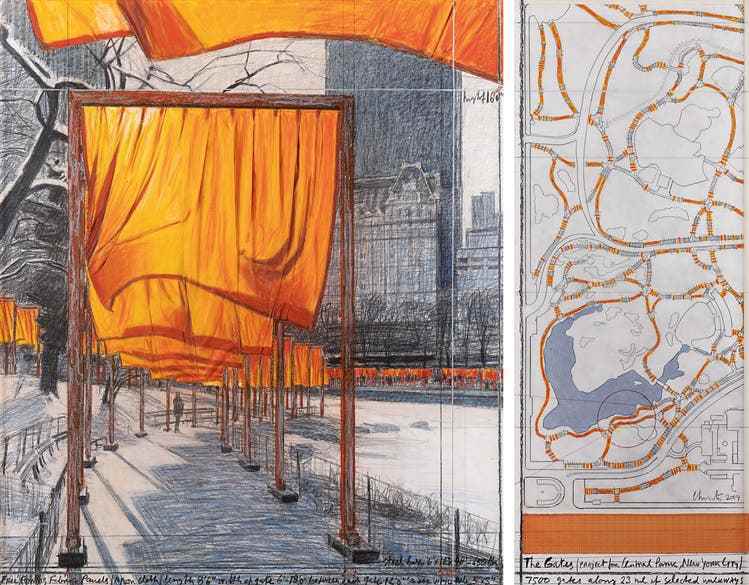 Christo: «The gates.  Project for Central Park, New York City», 2004, pencil, fabric, crayon, charcoal, enamel paint, hand-drawn map.