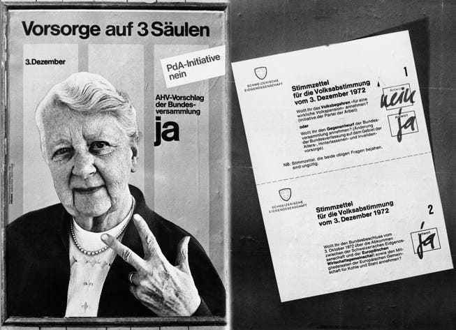 Die AHV ist ein Thema, das die Schweiz immer wieder beschäftigt: im Bild eine Abstimmungskampagne aus dem Jahr 1972.