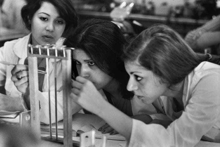 Daughters of predominantly western-oriented families studied at the university, where women and men were taught together.  Photo: University of Tehran, 1977.