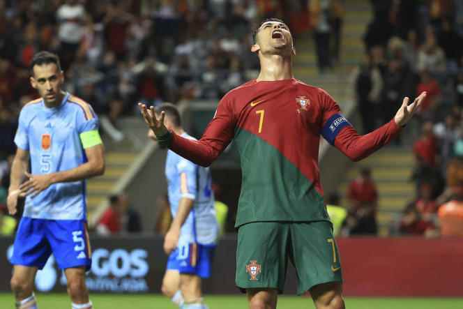 Portugal captain Cristiano Ronado frustrated after his shot was blocked by Spanish goalkeeper Unai Simon on September 27, 2022. 