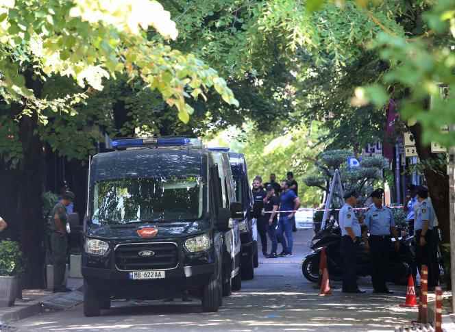 Albanian police guard the Iranian embassy in Tirana on September 8, 2022.