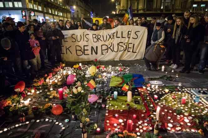 Rally in tribute to the victims of the three bomb attacks in Brussels, Belgium, on March 22, 2016.