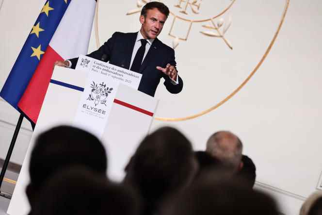 Emmanuel Macron, during the conference of ambassadors of France, at the Elysée Palace, September 1, 2022. 