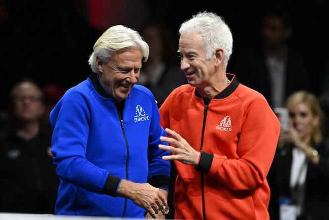 Björn Borg and John McEnroe, captains of the Europe and World teams of the Laver Cup, Saturday September 24, 2022, in London.