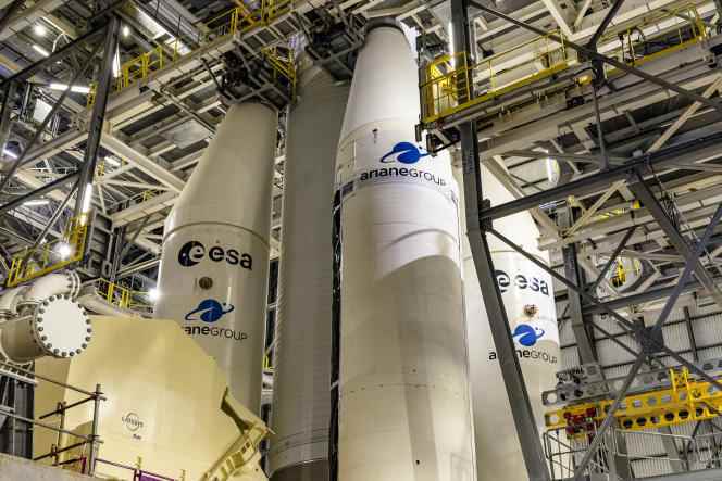 The central core of the Ariane 6 rocket, in Kourou, French Guiana, on July 12, 2022. 