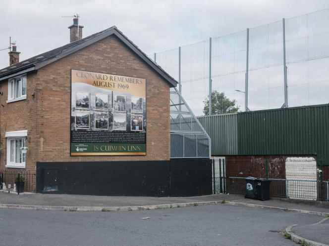 The 'peace wall' dividing loyalist and republican areas of Belfast, Northern Ireland.