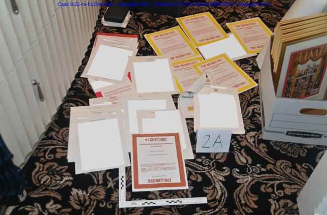 Undated photo of documents seized from Donald Trump's residence in Mar-a-Lago, Florida, provided by the US Department of Justice on August 31, 2022.