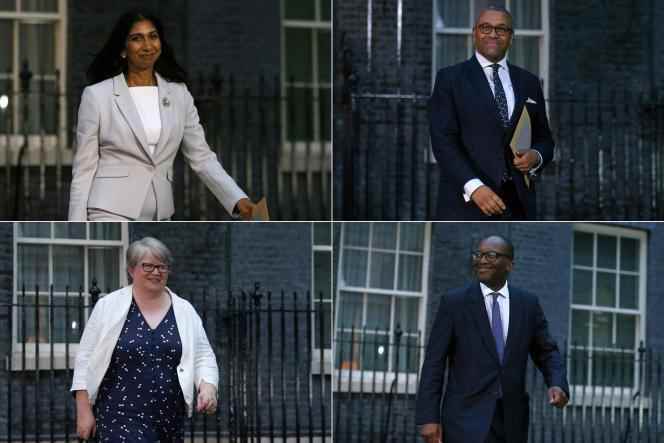 Top to bottom, left to right: UK Home Secretary Suella Braverman;  Foreign Secretary James Cleverly;  the Minister of Health, Thérèse Coffey;  and Chancellor of the Exchequer Kwasi Kwarteng leave 10 Downing Street after a meeting with Liz Truss, September 6, 2022.