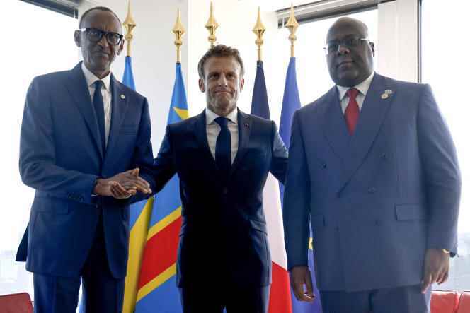 From left to right: Presidents Paul Kagame (Rwanda), Emmanuel Macron (France) and Félix Tshisekedi (DRC), in New York, September 21, 2022.