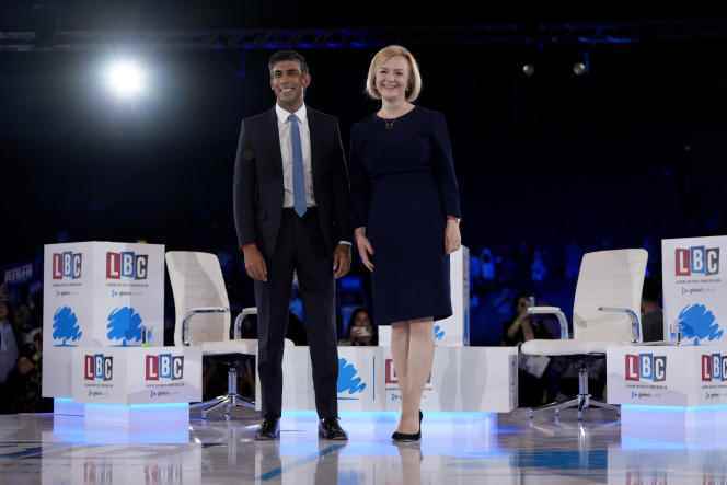 Rishi Sunak and Liz Truss, during the final debate before the Conservative Party leader election, at Arena Wembley, London, on August 31, 2022. 