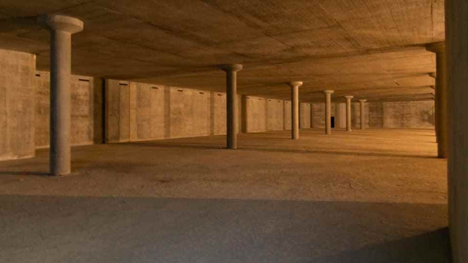Large concrete hall with columns