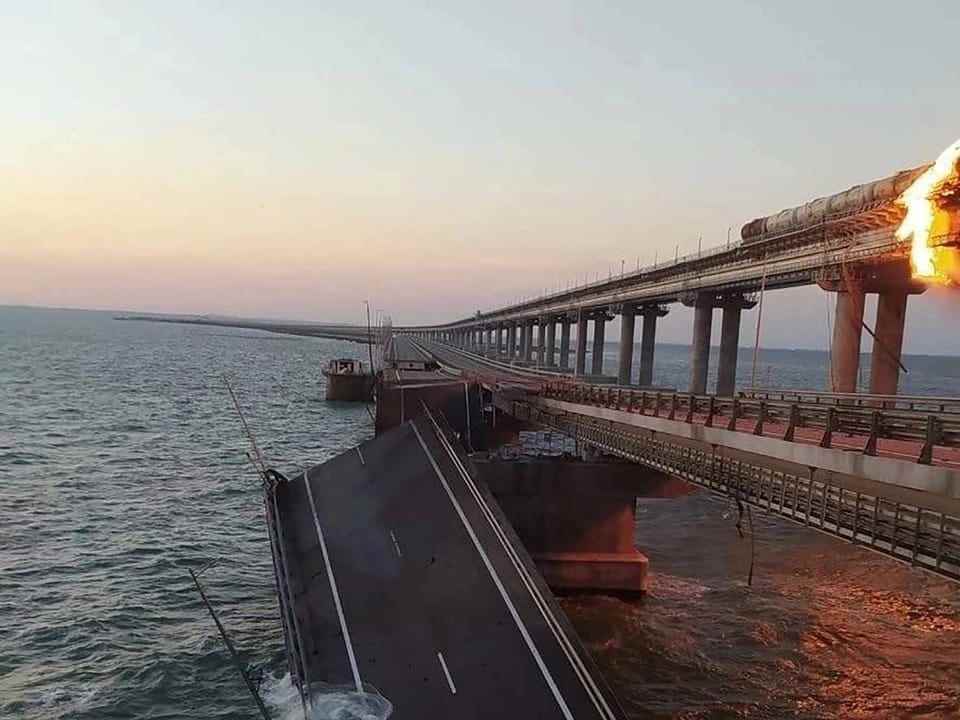 Parts of the bridge highway fell into the sea after the explosion. 