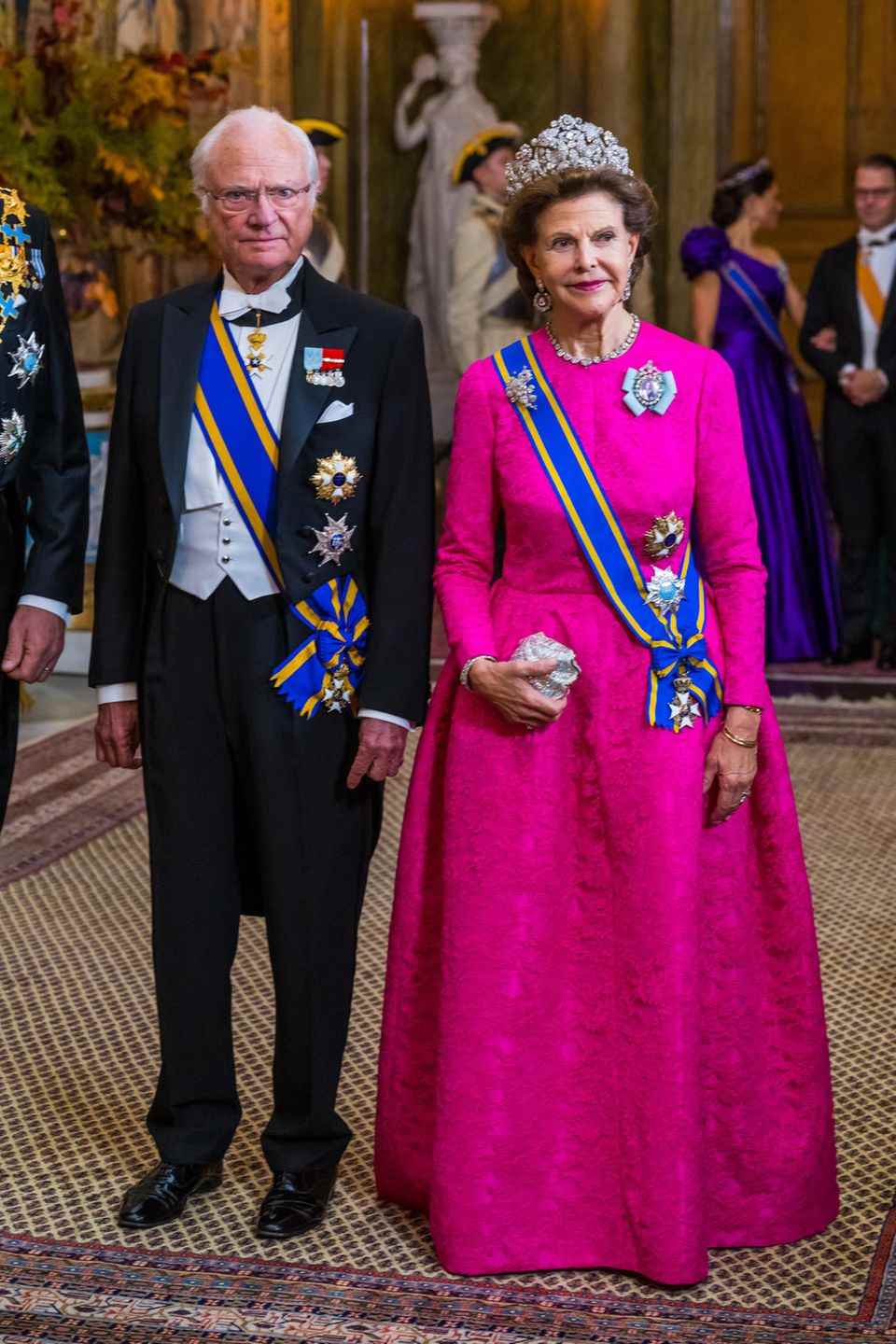 Queen Silvia at the state banquet in bright pink