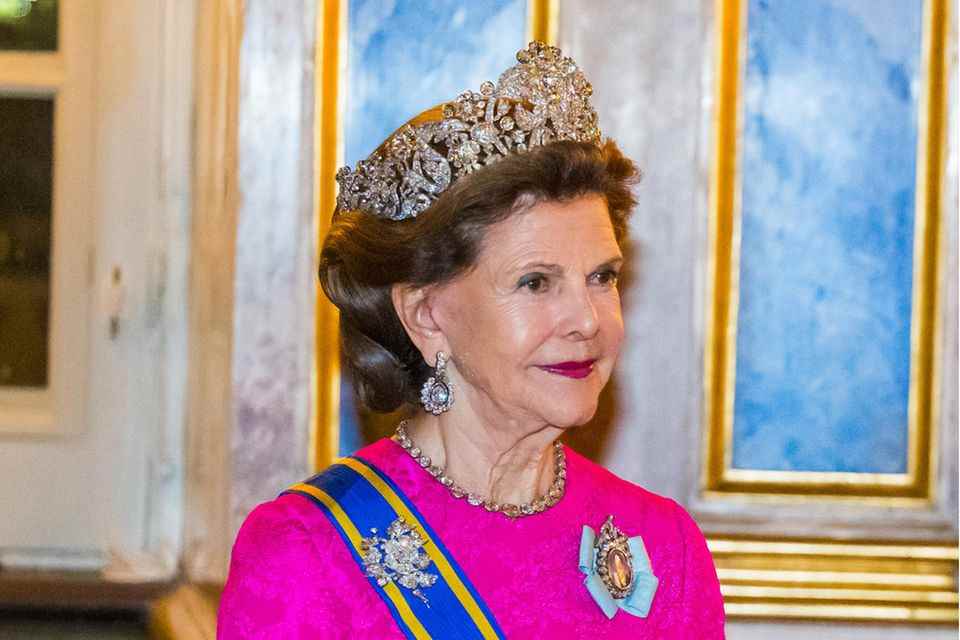 Queen Silvia at the state banquet with Braganza tiara