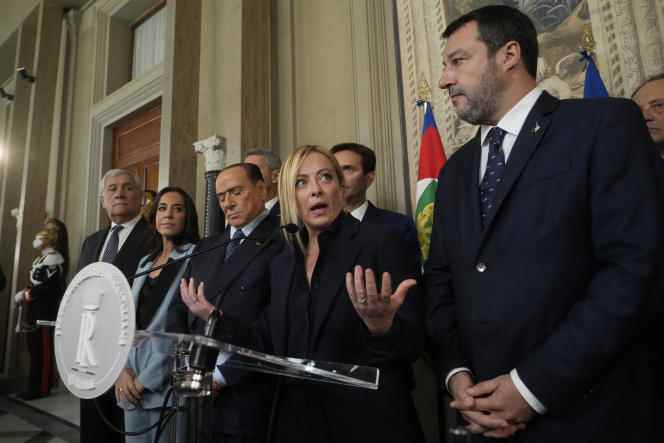 Giorgia Meloni, leader of the Fratelli d'Italia party, accompanied by her allies, speaks to the press on Friday, October 21 at the Quirinal Palace, as part of consultations for the formation of a new government.