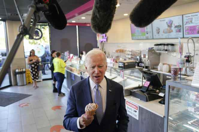 US President Joe Biden speaks to reporters at a Baskin-Robbins in Gresham, near Portland, Oregon, Saturday October 15, 2022.