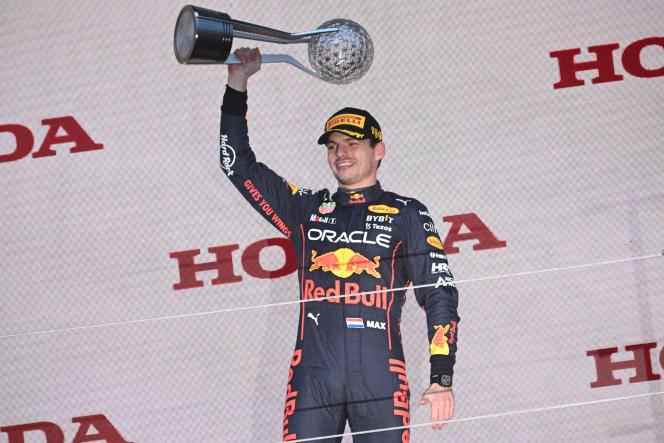 Dutch F1 driver Max Verstappen celebrates his victory at the Japanese Grand Prix on October 9, 2022. 