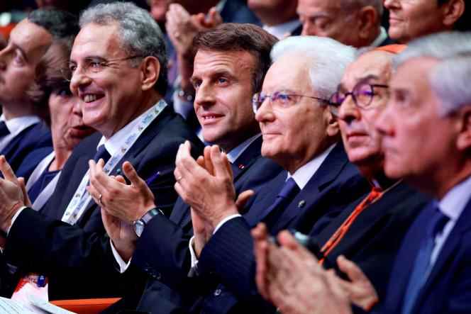 Emmanuel Macron in Rome alongside, on his left, the President of the Italian Republic Sergio Mattarella, the Cardinal of Rome Angelo De Donatis and the Deputy Prime Minister and Foreign Minister Antonio Tajani during the Sant'Egidio conference, in Rome, Sunday October 23, 2022.