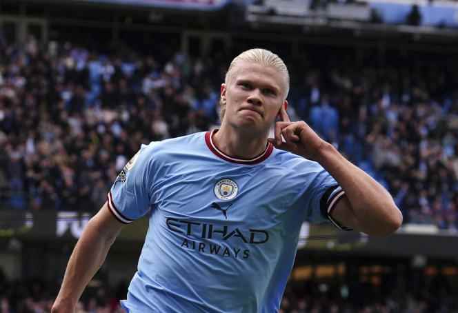 Manchester City striker Erling Haaland celebrates a goal during the Premier League match against Manchester United, at the Etihad Stadium in Manchester on October 2, 2022.