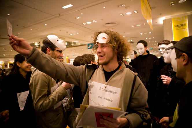 Julien Bayou, then a member of the Génération précaire collective, during an action for the existence of rights for trainees in the Labor Code, in a department store, in Paris, in 2008.