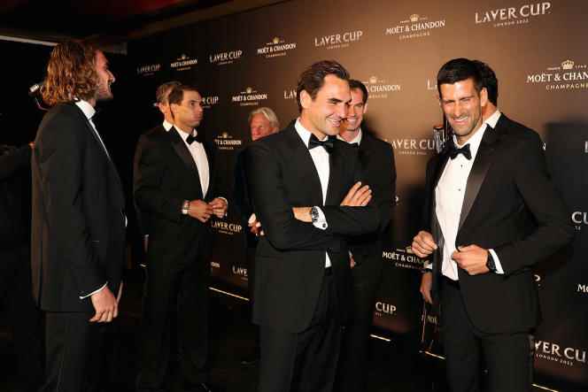 Roger Federer and Novak Djokovic at a gala dinner in London on September 22.