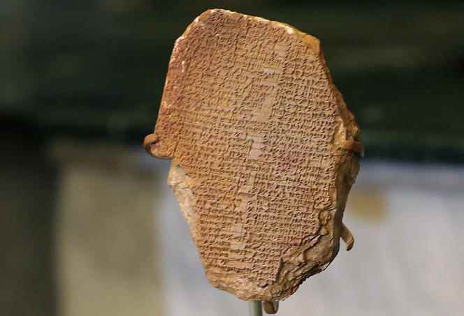 The Gilgamesh Tablet, a 3,500-year-old Mesopotamian cuneiform clay tablet, is on display at the Iraqi Foreign Ministry, Baghdad, after its repatriation in December 2021.