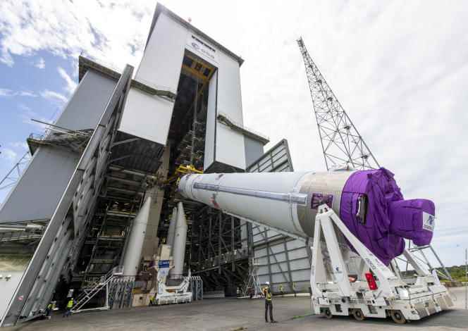 The central core of the Ariane-6 rocket is being transferred and installed on its launch pad in Kourou, French Guiana, on July 11, 2022.