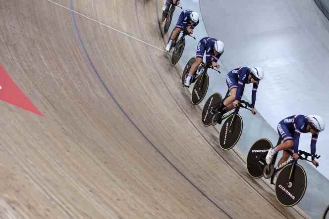 The French team in training, ahead of the world track cycling championships, on the Saint-Quentin-en-Yvelines velodrome (Yvelines), October 4, 2022.