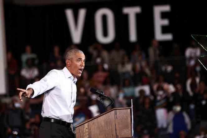 Barack Obama at a campaign rally for Senator Raphael Warnock ahead of the midterm elections, in Atlanta, Georgia on October 28, 2022. 
